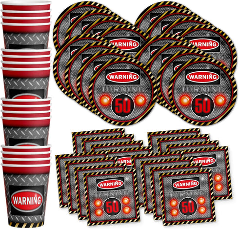 Warning Sign 50th Birthday Party Supplies Set Plates Napkins Cups Tableware Kit for 16...