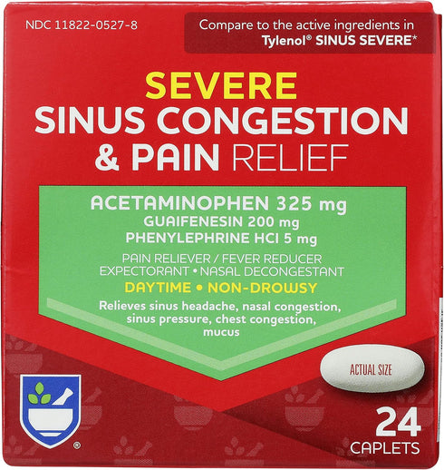 Rite Aid Daytime Severe Sinus Congestion & Pain Relief - Acetaminophen, 325 mg - 24 Caplets | Multi-Symptom Non-Drowsy | Relief | Cold and Flu | C...