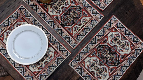 DaDa Bedding Majestic Red Kilim Rug Dining Table Placemats - Set of 4-Pieces Tapestry Cotton Kitchen Mats Royal Persian Tradtional Design - Elegan...