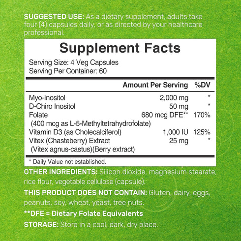 Myo-Inositol & D-Chiro Inositol Supplement (40:1) 2,050mg Per Serving, 240 Veggie Capsules – with Folate, Vitamin D3, & Vitex Complex – Women Heal...