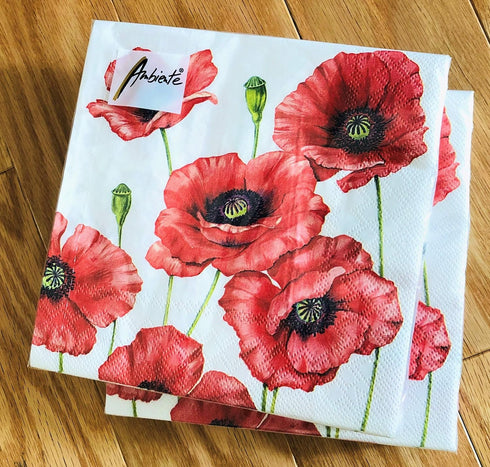 20-ct 13x13 Valentine's Napkins Decorative for Decoupage Red Poppy Floral Paper for Mother's Father's Day Red Pretty Flower Napkins gorgeous for L...