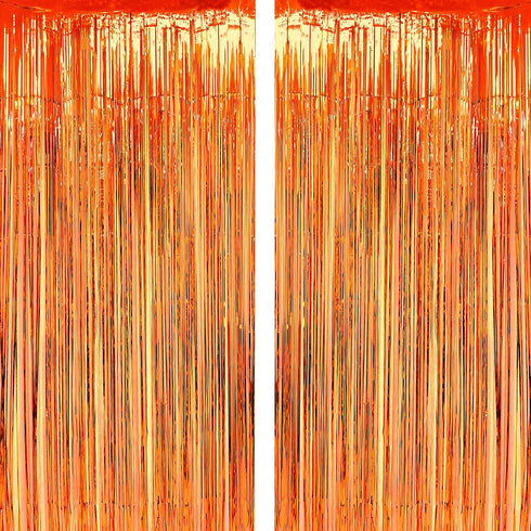 Orange Party Tinsel Foil Fringe Curtains - Fall Thanksgiving Carnival Halloween Construction 1st Birthday Graduation Wedding Party Photo Booth Pro...