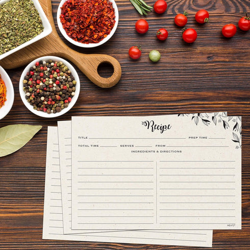 Spacious Recipe Cards 4x6” - 50 count, Double Sided. Thick Card Stock. Perfect for Recipe Box & Recipe Binder. Minimal Floral Kraft-Like Design...