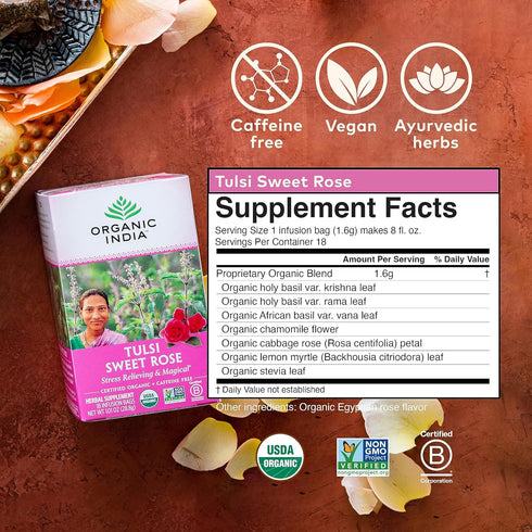 ORGANIC INDIA Tulsi Sweet Rose Herbal Tea - Holy Basil Leaf, African Basil, Chamomilie, Lemon Myrtle, Stress Relieving, Immune Support, USDA Certi...