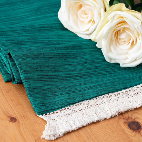 Teal Green Kitchen Table Runners With Macrame Lace Boho Decor (13x90 inch, Pack of 1) Fabric Lined | Properly Finished, No Fray Edges | for Home, ...