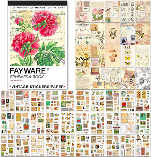FAYWARE Vintage Washi Stickers for Journaling - Ephemera Book for Journaling with 414 Stickers & 20 Scrapbook Papers. Junk Journal Supplies, Scrap...
