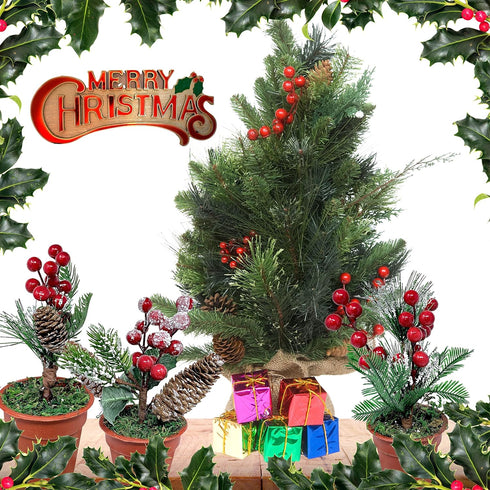 Christmas Tabletop Decorative Pots with Pine Red Berries Pine Cones Greenery - Set of 3 - Snow Flocked Xmas Holiday Decor - 7 1/2" Tall...