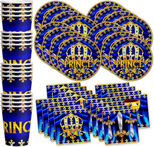 Royal Blue Prince Birthday Party Baby Shower Supplies Set Plates Napkins Cups Tableware Kit for 16...
