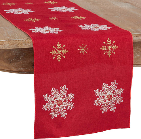 Saro Lifestyle Embroidered Snowflake Design Table Runner, Red, 16"x72"...
