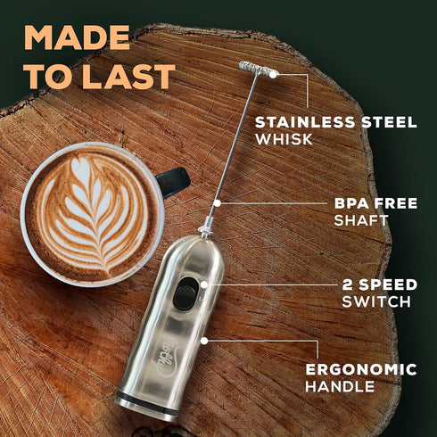 Café Casa Milk Frother for Coffee - 2 Speed Handheld, Battery Operated, Stainless Steel Drink Mixer & Mini Foam Maker - Electric Whisk for Coffee,...