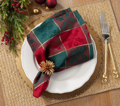 Red & Green Christmas Holiday Plaid Designed Printed Holly Cloth Napkins (Set of 4), 20" Square...