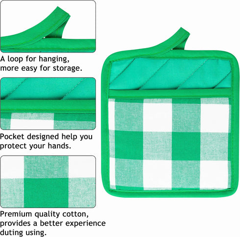 GROBRO7 5Pcs Cotton Buffalo Check Plaid Pocket Pot Holder Set Kitchen Heat Resistant Potholder Durable Cloth Potholders Bulk Green & White Oven Mi...