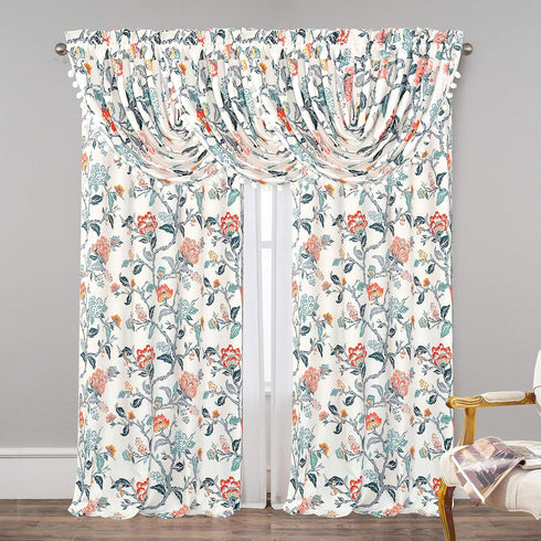 DriftAway Ada Botanical Print Lined Flower Leaf Thermal Insulated Window Valance Rod Pocket Waterfall Swag Valance with Pom Pom 52 Inch by 18 Inch...