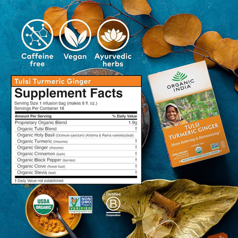 ORGANIC INDIA Tulsi Turmeric Ginger Tea Bags- Herbal Tea, Ginger Turmeric Tea, Immune Support, Aids Digestion, Caffeine-Free- 18 Infusion Bags, 1 ...