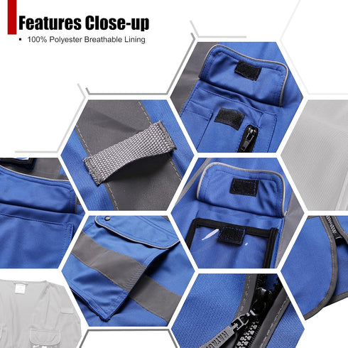 Class 2 Retro-Reflection Safety Vests 9 Pockets and Front Zipper ANSI/ISEA 107-2015(Blue-3, 2X-Large)...