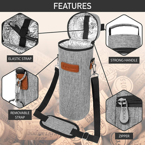 opux Wine Bag Single Bottle Carrier Tote, Insulated Wine Cooler Bag for Travel Picnic Beach with Shoulder Strap, Thermal One Bottle Holder Carryin...