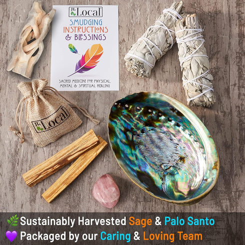 Perfect Unity Smudging Kit - 2 White Sage Smudge Sticks + 2 Palo Santo Sticks + Abalone Shell Bowl + Rose Quartz Crystal | Healing Incense for Cle...