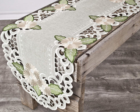 Embroidered Gold Daisy Fleur Latte Linen Table Runner or Dresser Scarf (16Wx45L)...