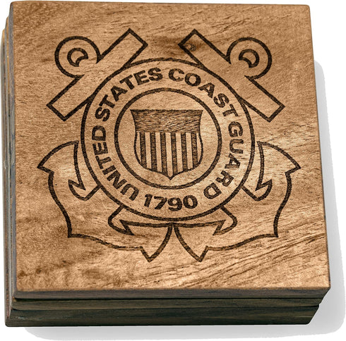 Coast Guard Coasters – US Coast Guard Engraved Acacia Wood Coasters - United States Coast Guard Décor - USCG Gifts for Retirement, Graduation, Bir...