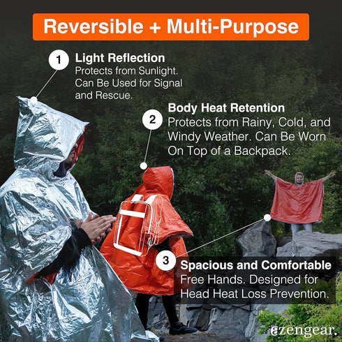 aZengear Emergency Survival Poncho (4pc) Thermal Mylar Foil Coating Blanket for Heat Retention and Rain | Reversible with Hood | Waterproof, Windp...