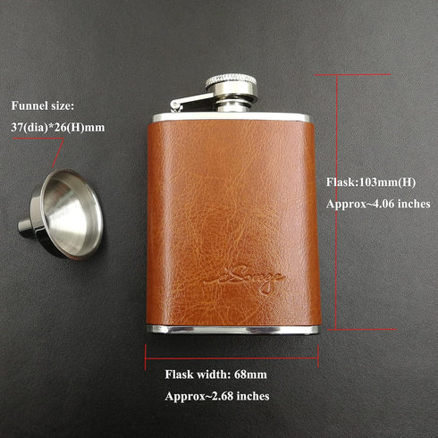 3oz Brown Red Leather Wrapped Hip Flask with a Funnel 18/8 Stainless Steel-YM102...
