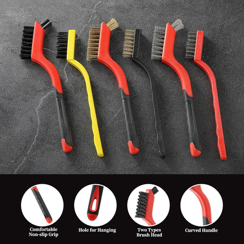 Wire Brush Set of 6 - Brass/Stainless Steel/Nylon Bristles with Anti-slip Grip and Curved Brush head, Wire Brushes for Cleaning, Metal Brush for C...