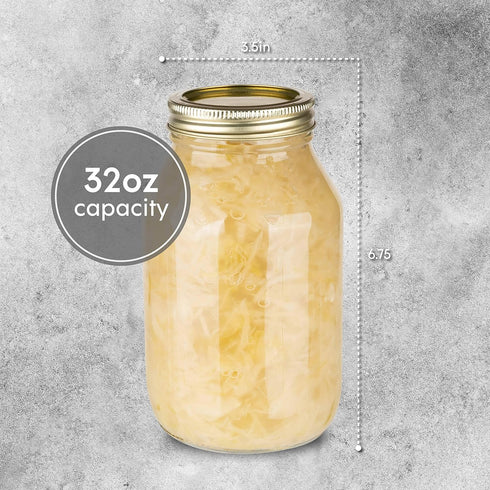 Regular-Mouth Glass Canning Mason Jars (4 Pack) , 32-Ounce (2 Pint) Glass Canning Jars with Gold Metal Airtight Lids and Bands for Canning Preserv...