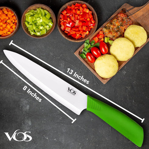 Vos Ceramic Chef Knife 8 Inch with Protection Cover – Large Ceramic Kitchen Knife for Slicing, Dicing, and Fruits – Lightweight Zirconia Blade – L...