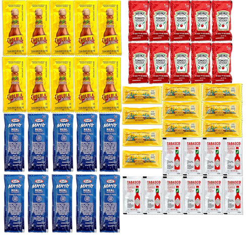 Crait Individual Condiment Packets Variety Pack of 50 Hot Sauce Packets with Mayo Packets, Ketchup Packets and Yellow Mustard Packets Single Serve...