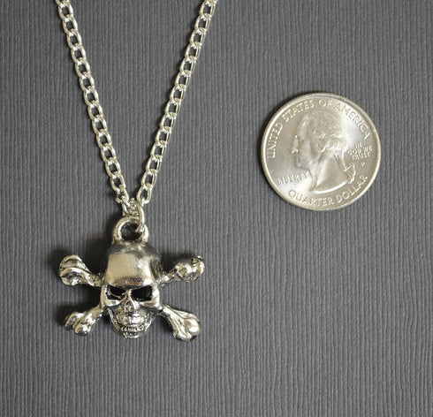 Gothic Skull and Crossbones Silver Finish Pewter Pendant Necklace...