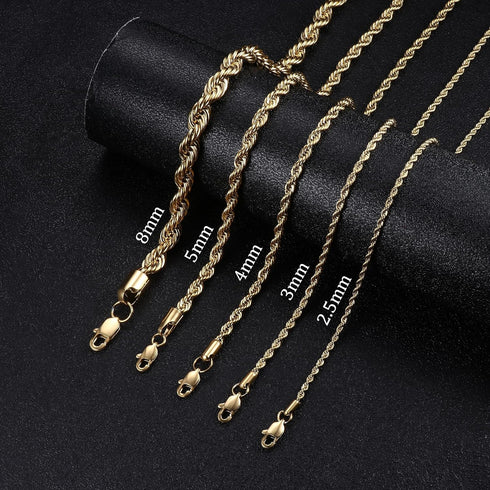 FIBO STEEL 18k Real Gold Plated 2.5-8 MM Stainless Steel Mens Womens Necklace Twist Rope Chain, 16-36 inches...