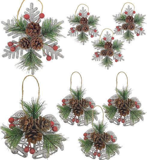Pinecone Berry Pine Twig Christmas Ornaments - Set of 8 - Glittered Snowflakes and Bells with Pine Cones Greenery and Red Berries - Xmas Décor - C...