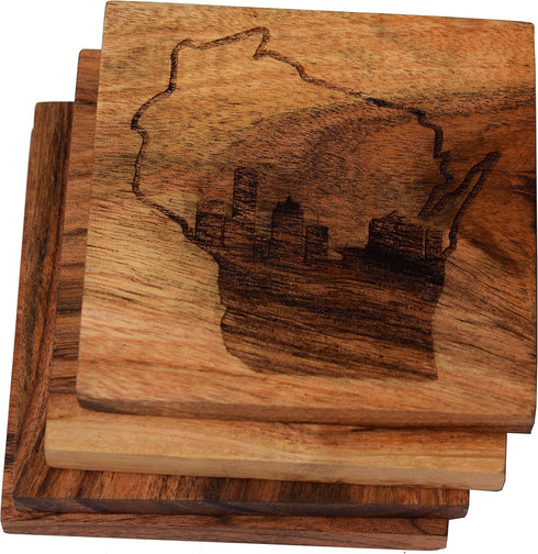 Milwaukee Coasters, Milwaukee Skyline in Wisconsin Drink Coasters – Milwaukee Gifts & Souvenirs, Engraved Coasters w/Milwaukee Skyline Design – Mi...