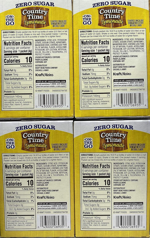 Country Time Lemonade Sugar Free On the Go! 6 Packets Powder (pack of 4) Gluten Free...
