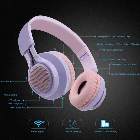 Riwbox WT-7S Kids Bluetooth Headphones Light Up, Foldable Stero Wireless Headset with Microphone and Volume Control for PC/Tablet/TV/Travel (Purpl...