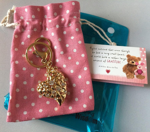 Smiling Wisdom - Piglet Gratitude Quote Mini Greeting Card and Heart Keychain Gift Set - Friend Teacher Woman - Gold...
