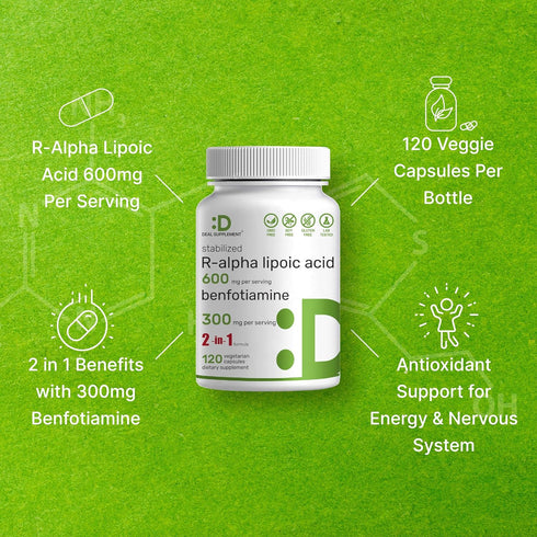 DEAL SUPPLEMENT R Alpha Lipoic Acid 600mg with Benfotiamine 300mg Per Serving, 120 Veggie Capsules – 200mg R-ALA Per Capsule – Antioxidant Supplem...