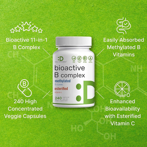 Bioactive Vitamin B Complex | 240 Veggie Capsules - Methylated B Vitamins & Esterified Vitamin C, High Potency & Easy Absorption – Immune, Energy,...