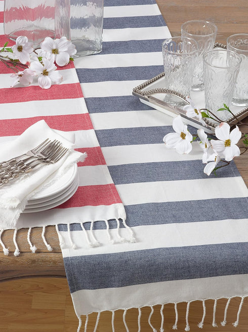 SARO LIFESTYLE Cabana Collection Cotton Stripes Tasseled Runner/2616.NB1672B, 16" x 72", Navy Blue...