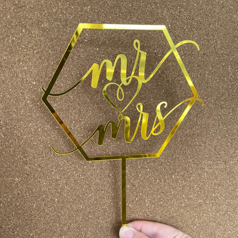 Larger Size Acrylic Mirror Gold Hexagon Elegant Handwriting Mr and Mrs Cake Toppers, Wedding, Bridal Shower, Engagement, Anniversary Monogram Cake...