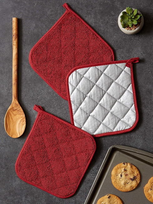 DII Basic Terry Collection Quilted 100% Cotton, Potholder, Barn Red, 3 Piece...