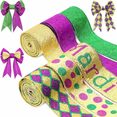 6 Rolls 30 Yards Mardi Gras Wired Edge Ribbon Purple Gold and Green Stripe Ribbon Glitter Metallic Wrapping Ribbon for Mardi Gras Masquerade Party...