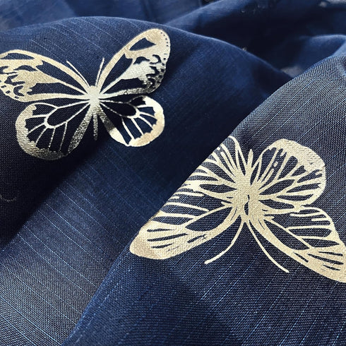 Jubilantex Butterfly Sheer Curtains Navy Blue Drapery with Gold Print Pattern 63 Inch Long, Kids Nursery Bedroom Voile Linen Textured Curtain Rod ...
