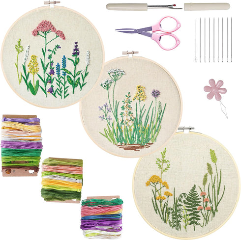 Bonroy Embroidery Kit for Beginners, 3 Sets embroidery Kit for Craft lover Handy stitch with Embroidery fabric with Pattern,full range accessories...