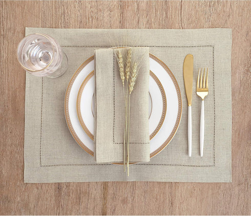 Solino Home Linen Placemats Set of 4 - Classic Hemstitch Natural Placemats 14 x 19 Inch - 100% Pure Linen Table Mats for Summer, Fall...