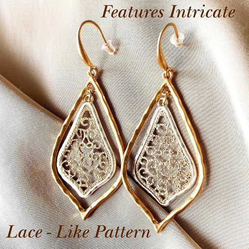 – Boho Filigree Two-Tone Dangle Earrings - Exquisite Handcrafted Jewelry for Boho Chic Style - Large Two Tone Worn Gold and Silver Plated Earring ...