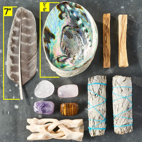Perfect Unity Smudging Kit - 2 White Sage Smudge Sticks + 2 Palo Santo Sticks + Abalone Shell Bowl + Rose Quartz, Amethyst, Tiger's Eye & Clear Qu...