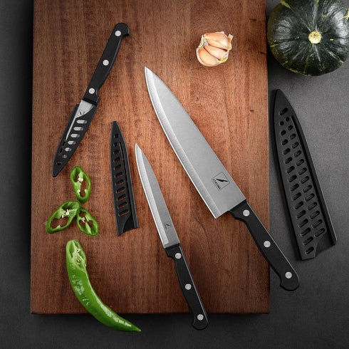 Kitchen Knife, 3-Pcs Knife Set With Sheath, 8 Inch Chef Knife, 4.5 Inch Utility Knife, 4 Inch Paring Chef Knife, Stainless Steel, Black...