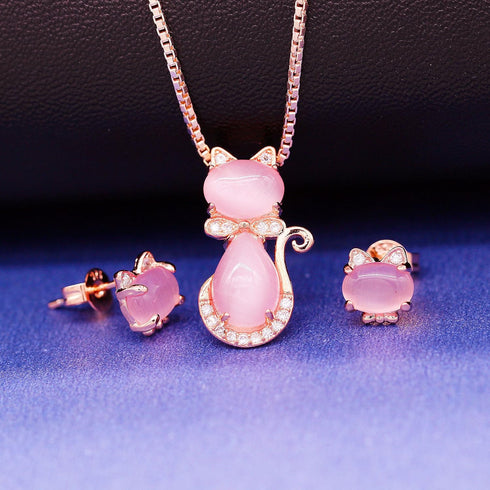 Uloveido Cute Cat Shape Pink CrystaL Studs Earrings and Pendant Necklace for Teen Girls Y404...