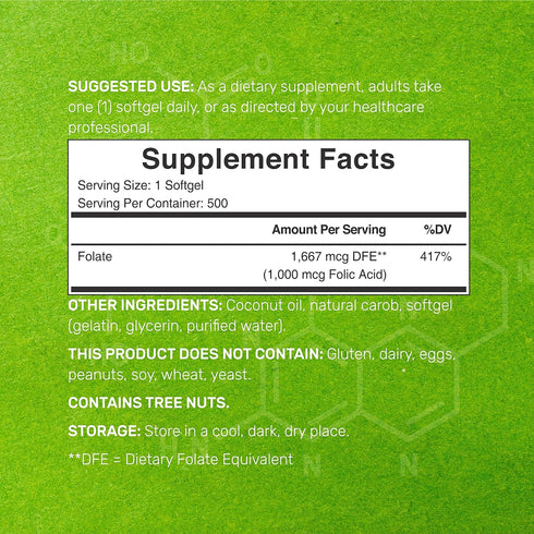 DEAL SUPPLEMENT Folic Acid 1000 mcg (1 mg), 500 Coconut Oil Softgels | Bioavailable Prenatal Vitamins (Vitamin B9) – 1,667 mcg DFE – Easy to swall...